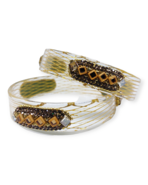 Two Piece Borosil Glass Kangan, Transparent Golden Color, Rs 65/- each Pair, Mix Size (28-26-24) Box of 4 Pairs for