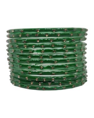 Stone Stud Glass Bangles, 6 Dozen Packing, Green Color, Mix Size (28-26-24-22) Packing, Rs 36=75/- Per Dozen