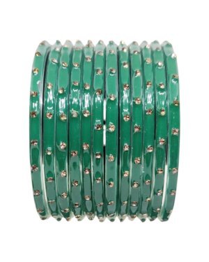 Stone Stud Glass Bangles, 6 Dozen Packing, Radium Color, Mix Size (28-26-24-22) Packing, Rs 36=75/- Per Dozen